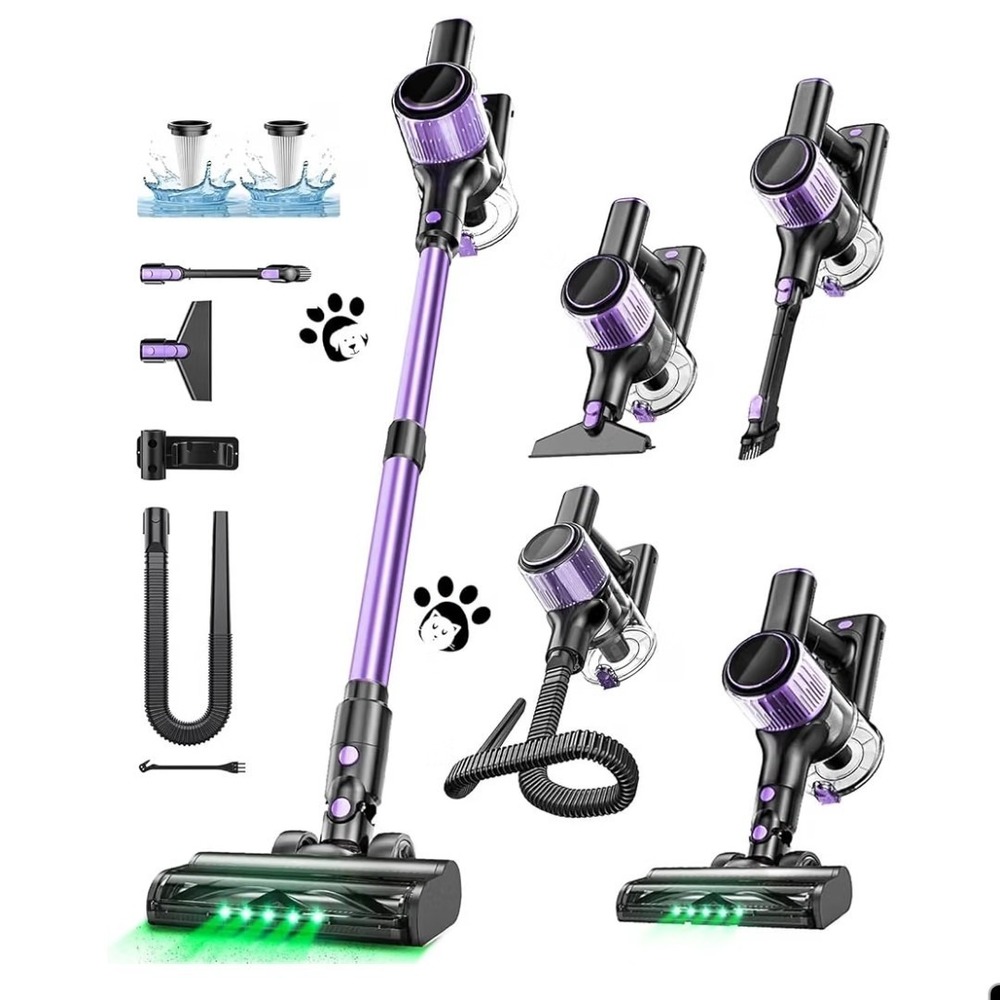 Cordless Vacuum Cleaner 10-in-1 Stick Handheld Green LED Pet Hair Purple